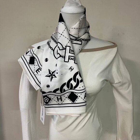 Chanel White Monogram Silk Scarf - Picture 2 of 8